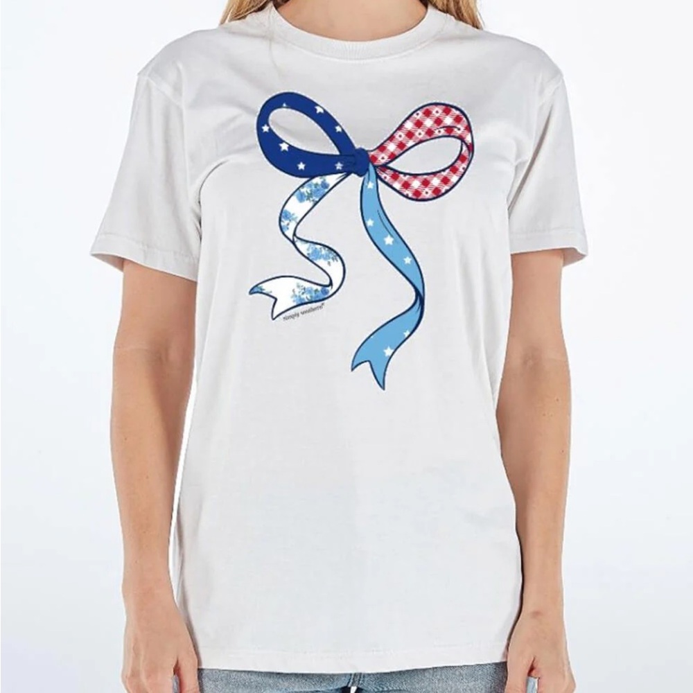 NWT TShirt Tee Top Patriotic Bow Graphic Gray White Simply Southern XXL Plus Sz